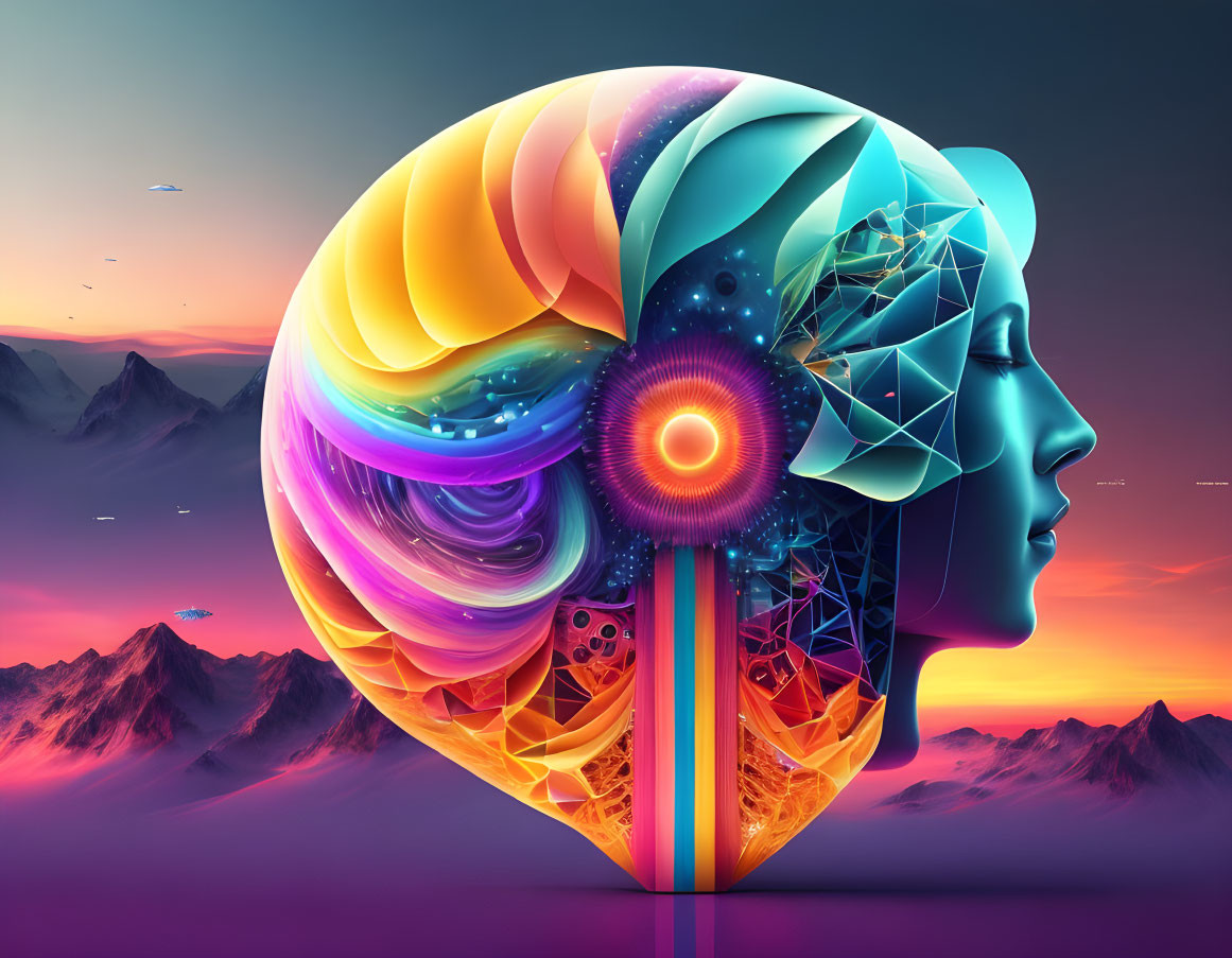 Colorful abstract digital art: Human head profile split into creative, tech, nature segments