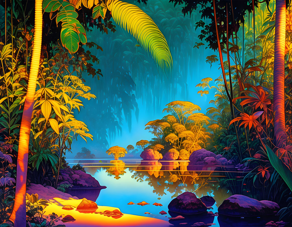 Vibrant illustration of mystical jungle with waterfall