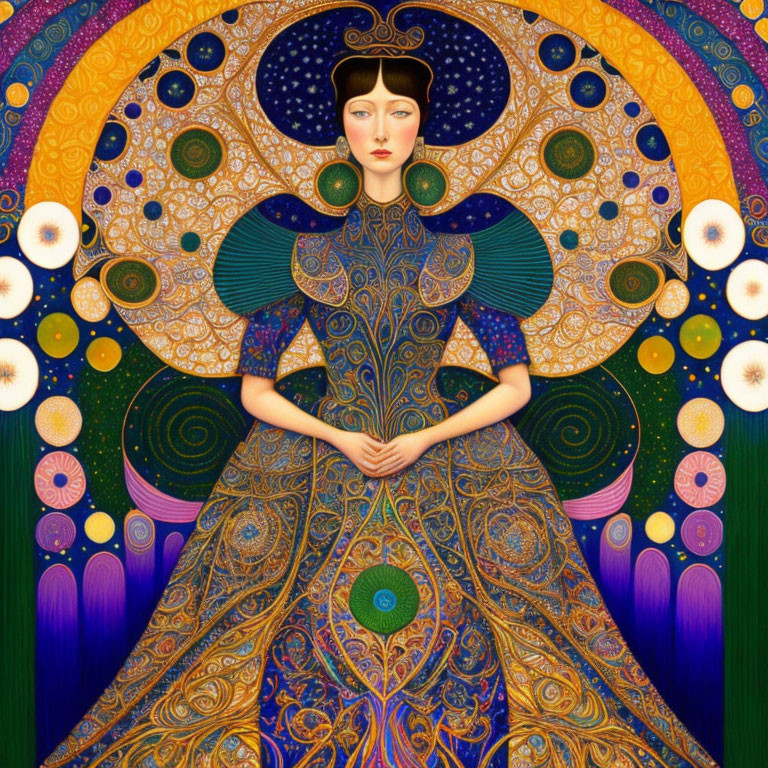 Woman in ornate dress against vibrant Art Nouveau background