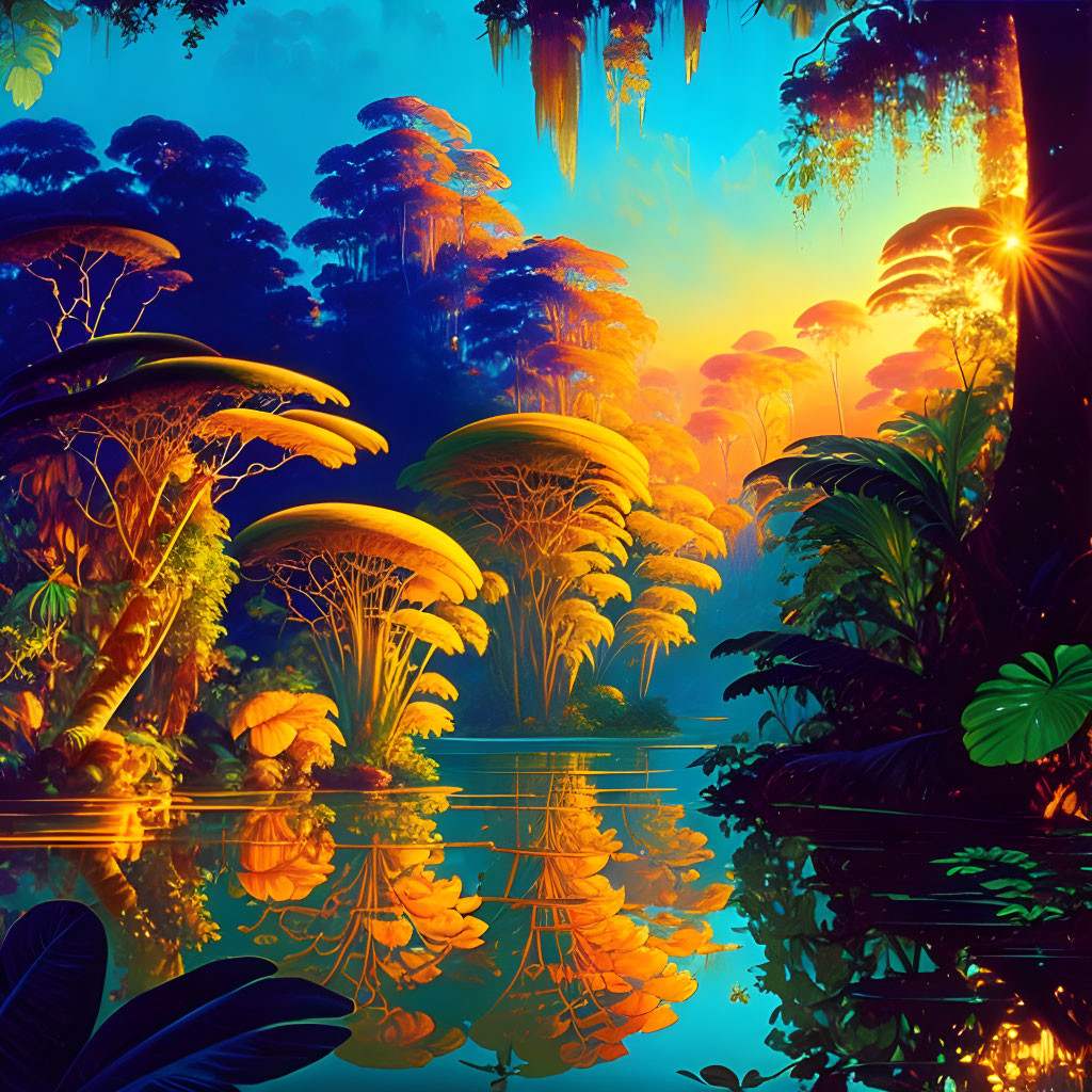 Colorful digital artwork: Mystical jungle with oversized mushrooms and lush vegetation by tranquil water at sunset