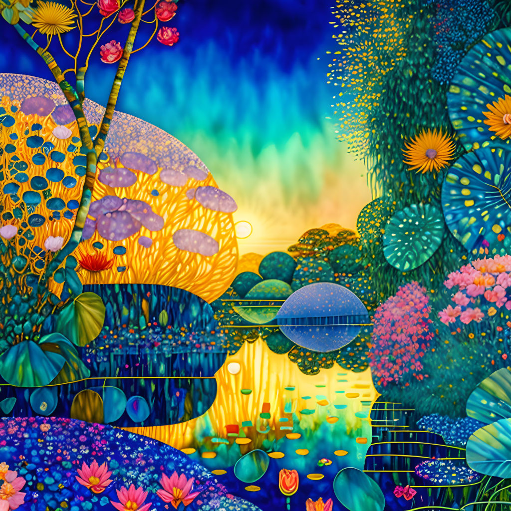 Colorful Fantasy Landscape with Floral Patterns and Glowing Orbs