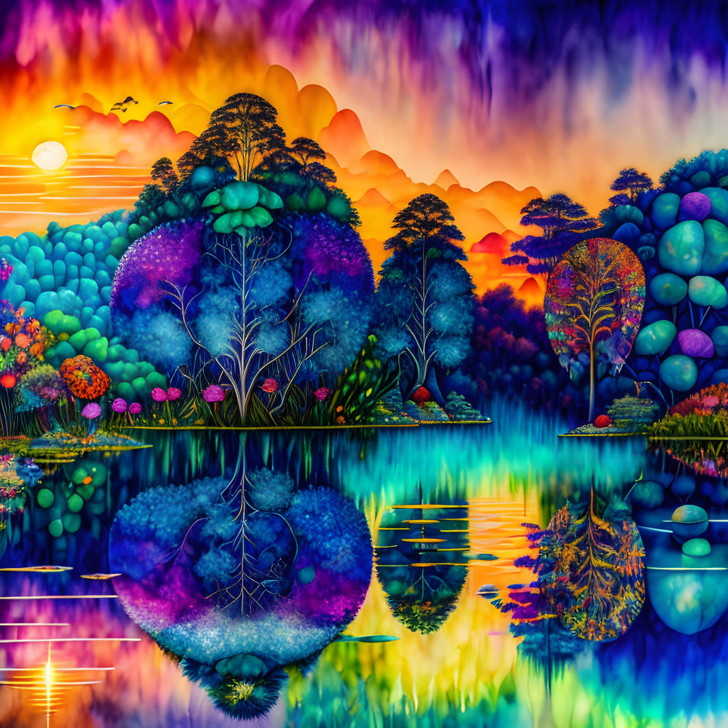 Colorful surreal landscape with vibrant trees and flora reflected in tranquil water under a sunset sky with birds.