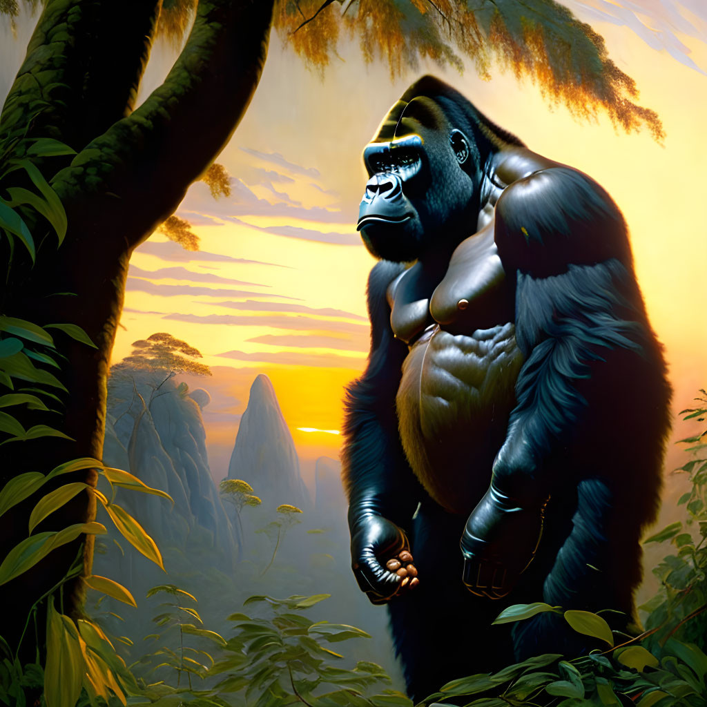 Majestic gorilla in lush jungle at sunrise