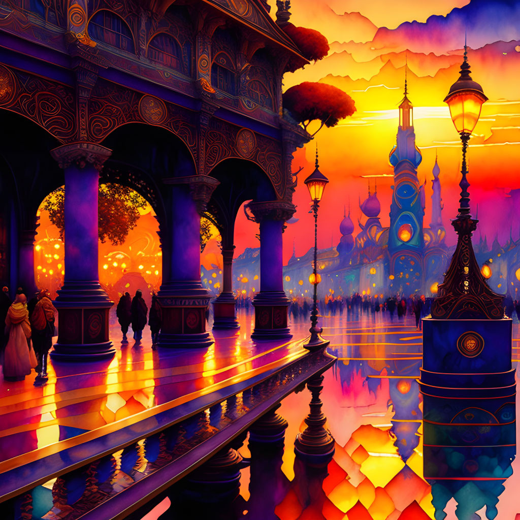 Ornate Eastern-style palace with columns and silhouetted figures under vibrant sunset hues