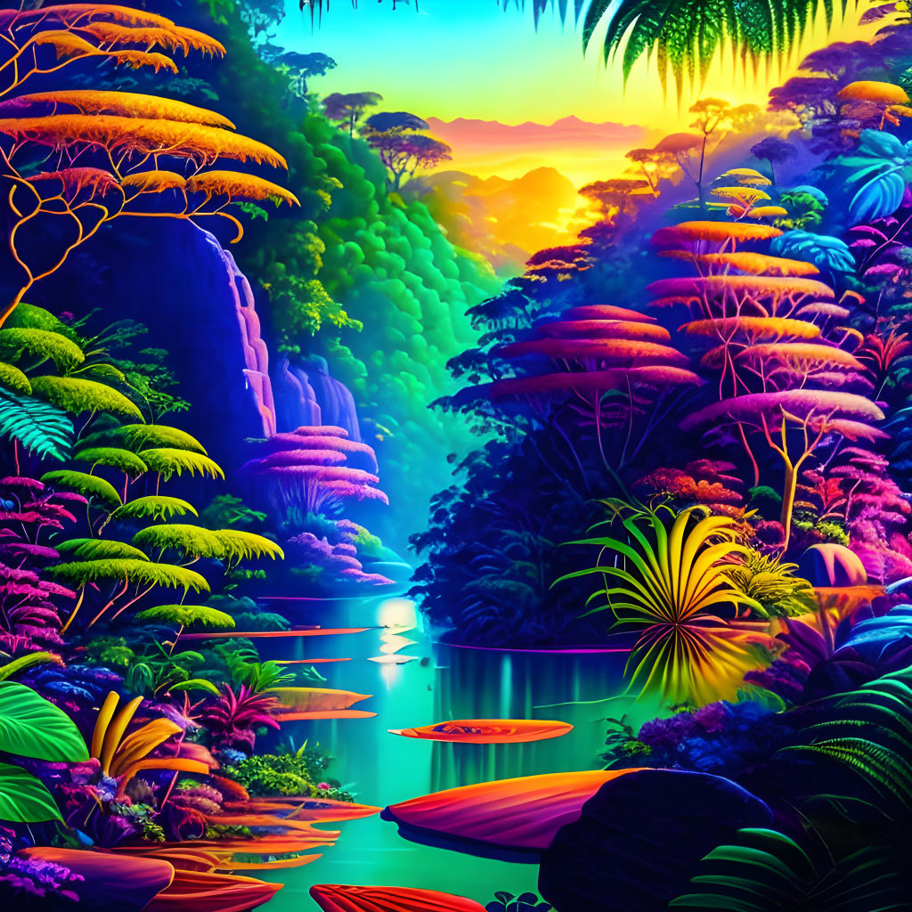 Neon-lit jungle with waterfall and river at sunset