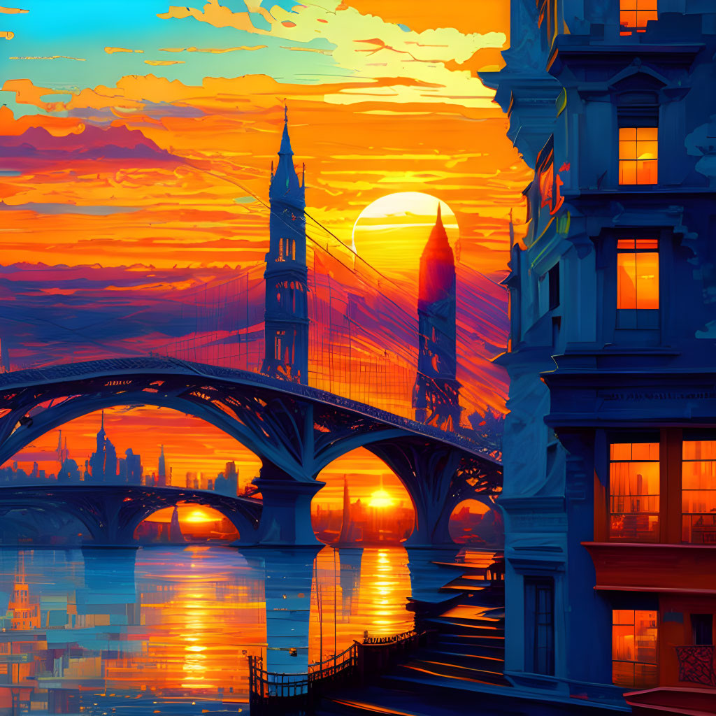 Colorful digital artwork: Sunset over stylized cityscape with bridge and silhouettes