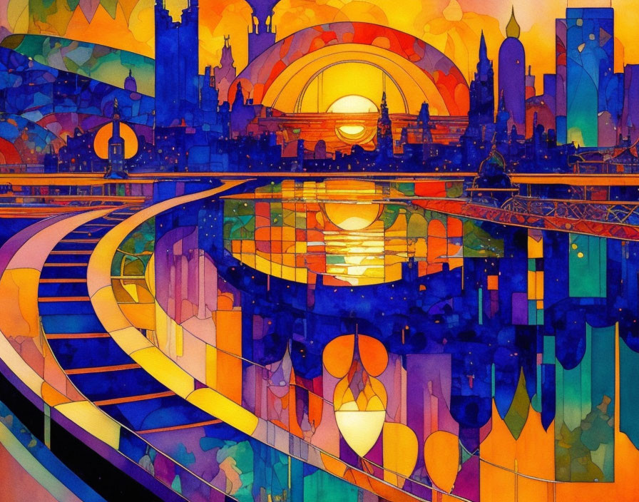 Fantastical cityscape illustration with colorful, curved structures.