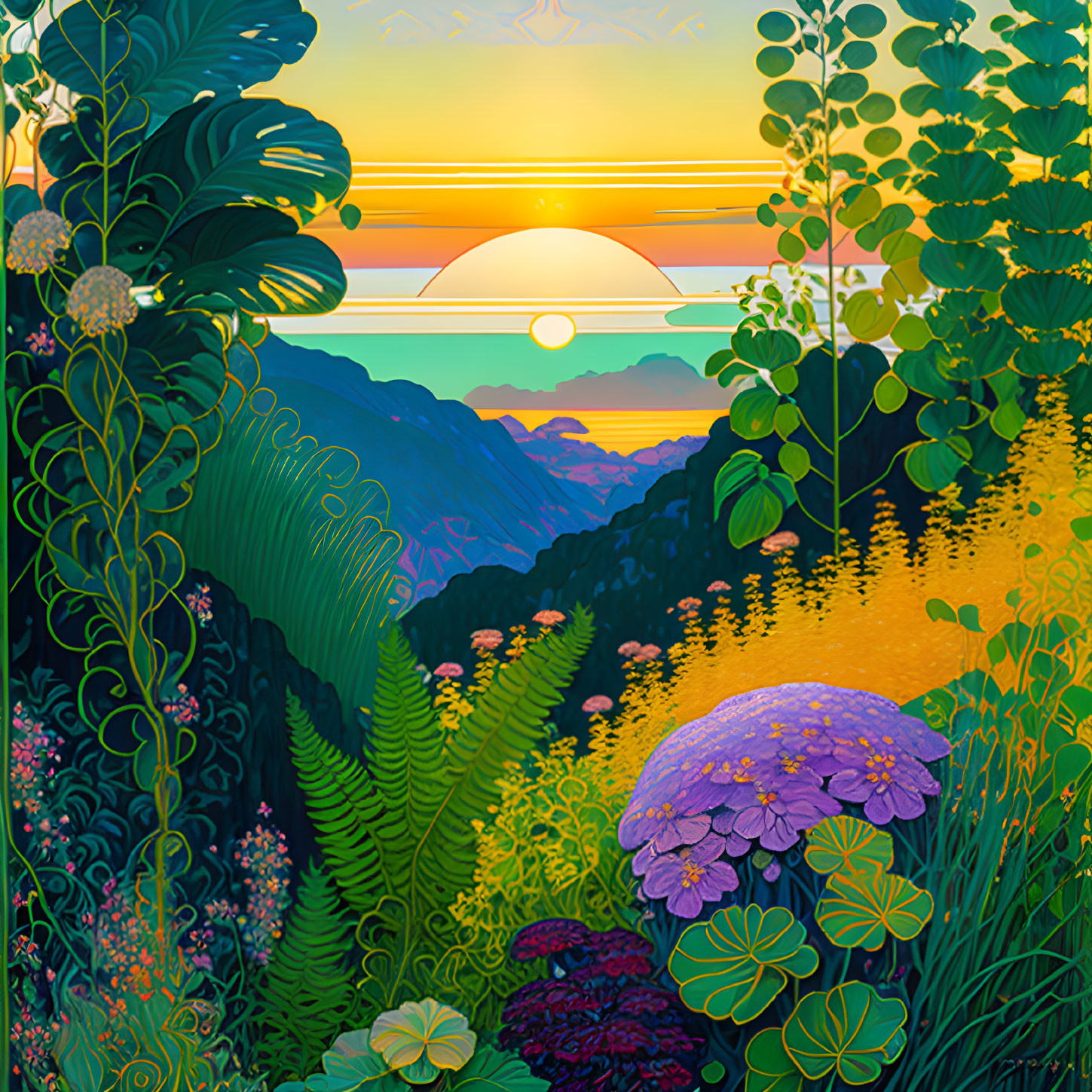 Colorful sunset landscape with lush foliage and layered hills.