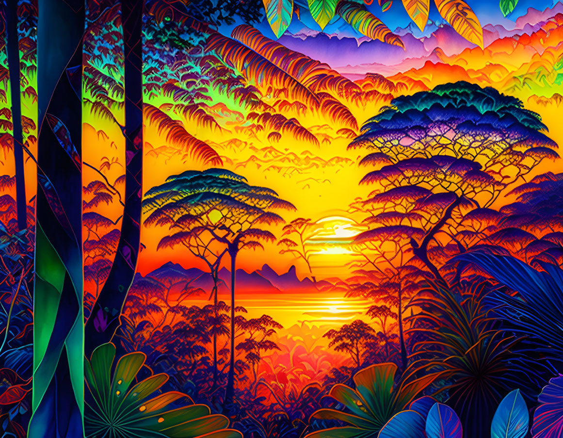 Colorful Jungle Sunset with Silhouette Trees