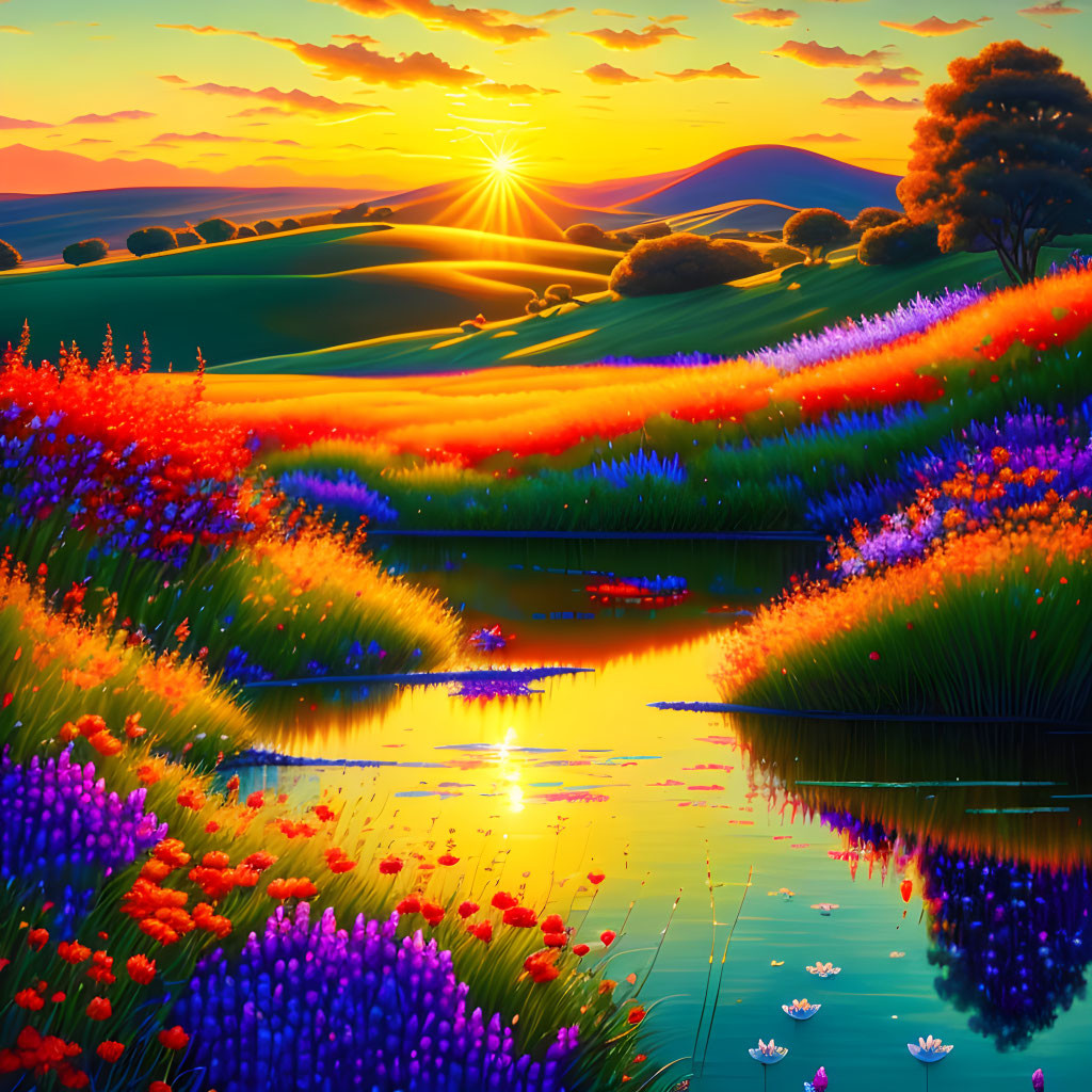 Scenic sunset over rolling hills, river with water lilies, and wildflower fields