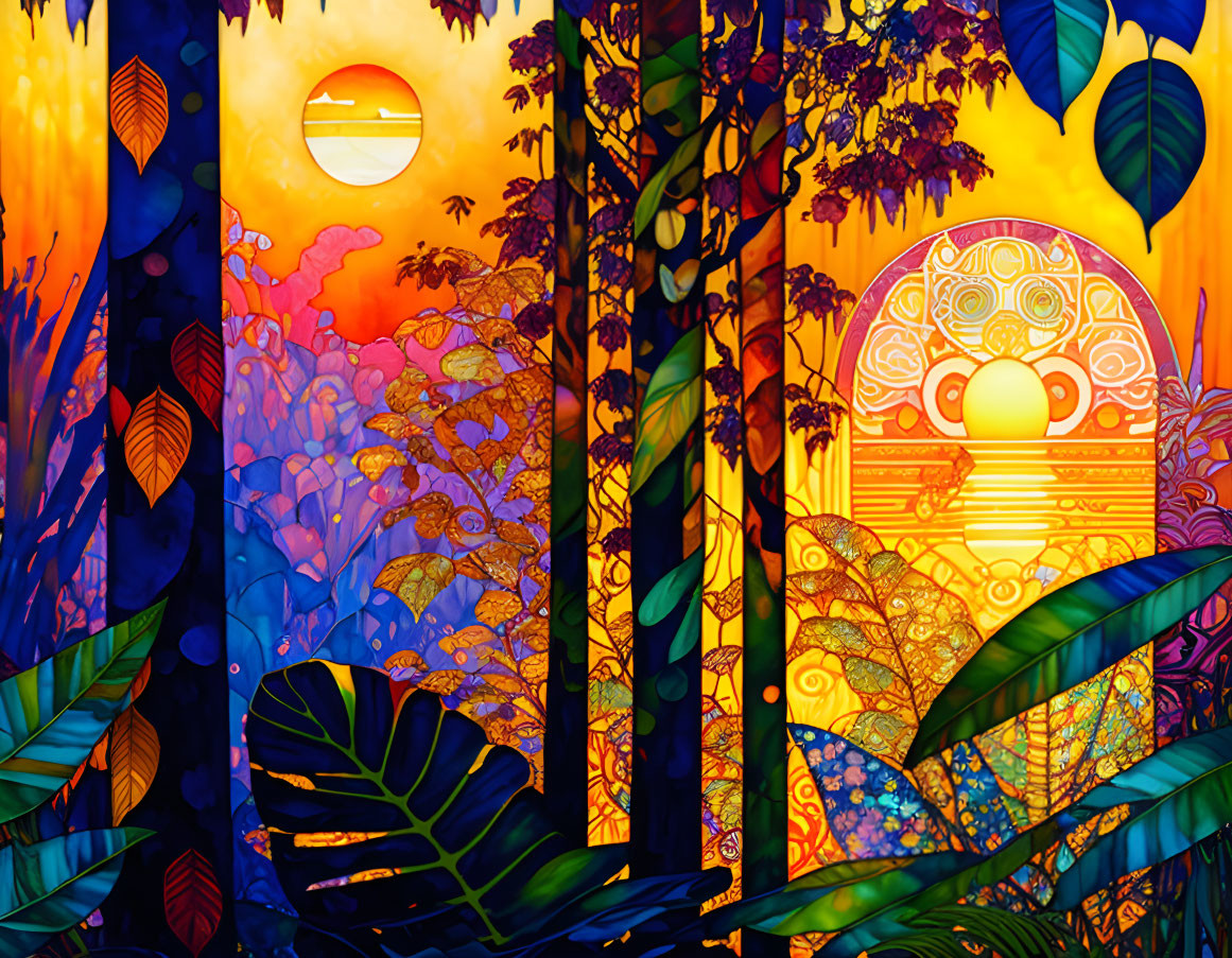 Colorful Forest Sunset Illustration in Stained Glass Style