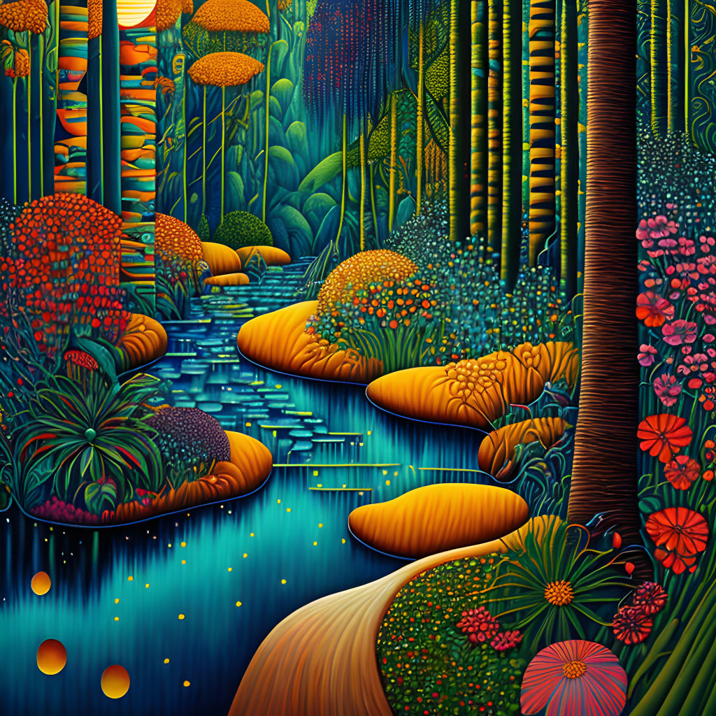 Colorful stylized forest illustration with bamboo and serpentine river