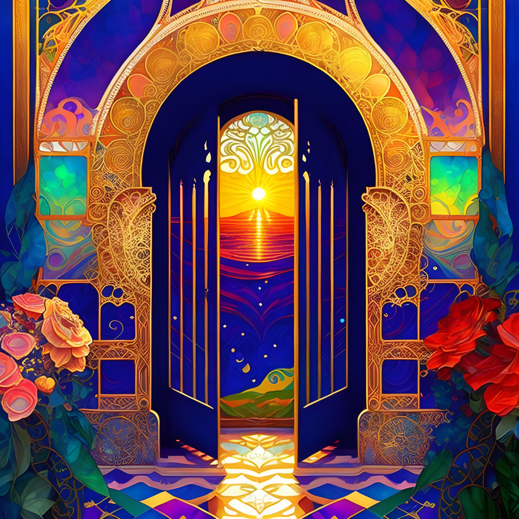 Colorful ornate gateway with golden patterns, sun emblem, roses, and foliage.