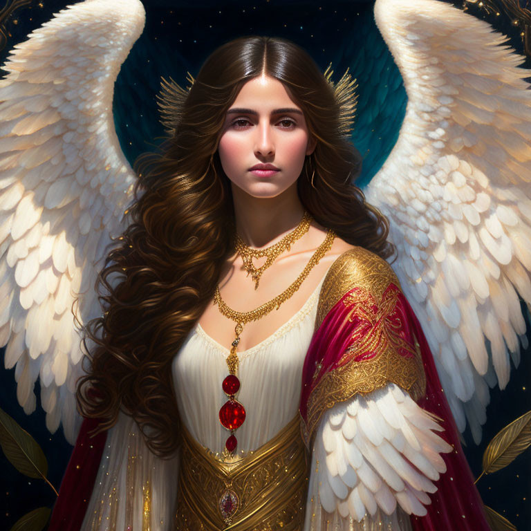 Woman with White Wings in Red and Gold Robe on Starry Background