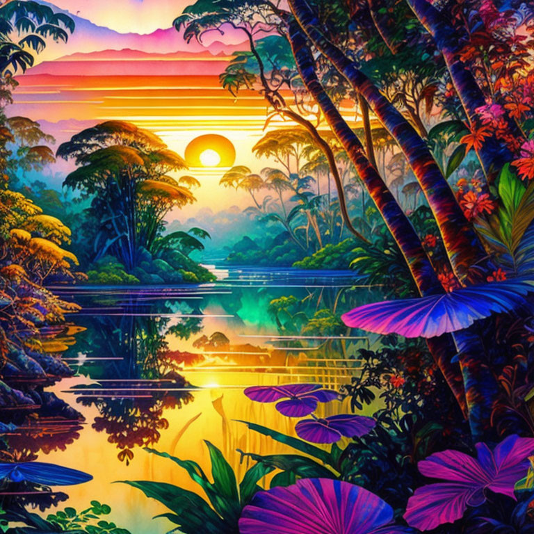 Tropical landscape with lush foliage, reflective water, and colorful sunset