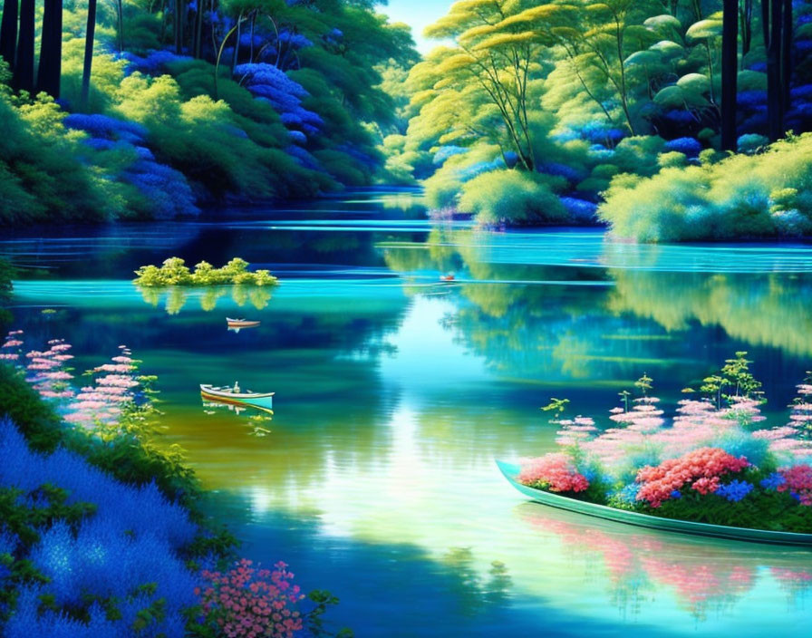 Colorful fantasy landscape with blue river and boat in vibrant image