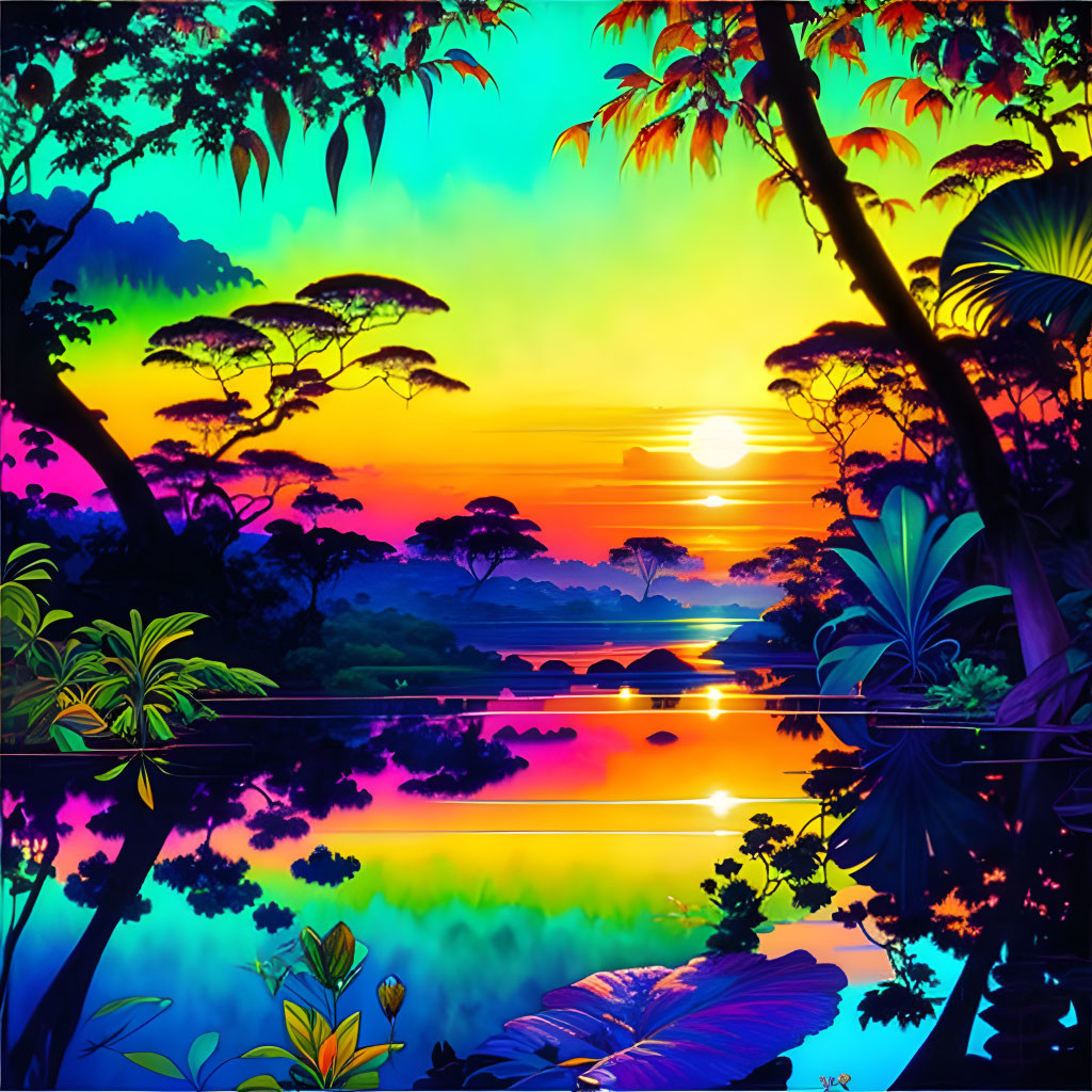 Vibrant tropical jungle illustration with colorful plants and sunset river