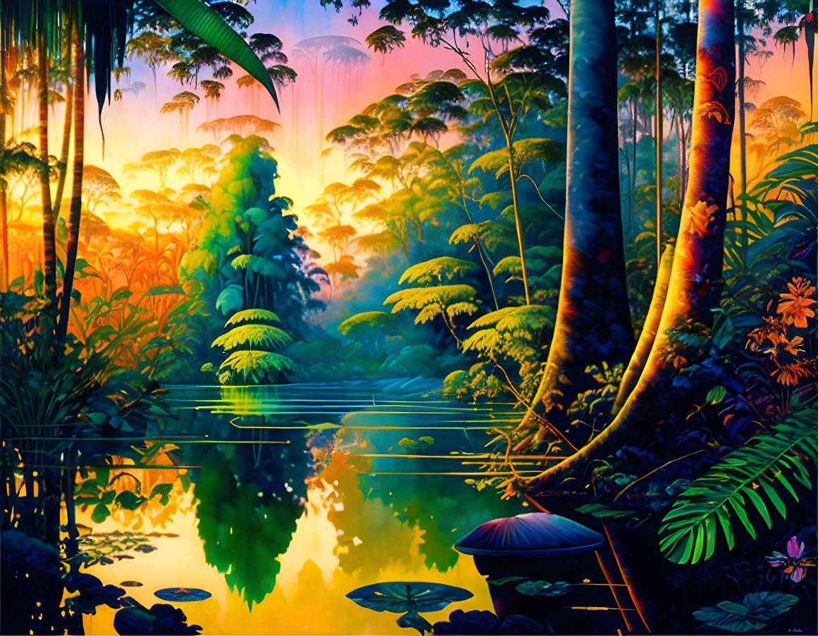 Tropical Rainforest Sunrise: Lush Foliage, Reflective Water & Vibrant Sky