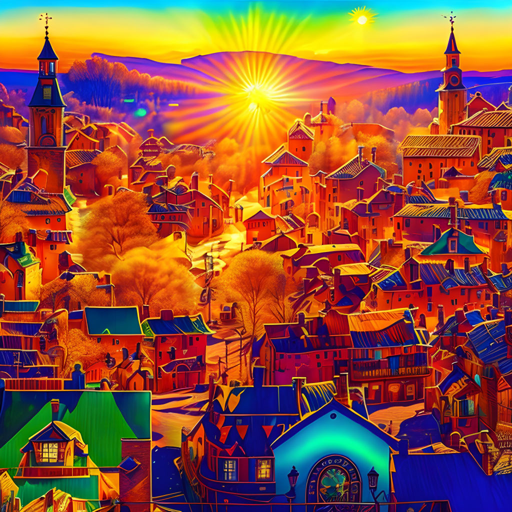 Colorful stylized townscape at sunrise with whimsical architecture.