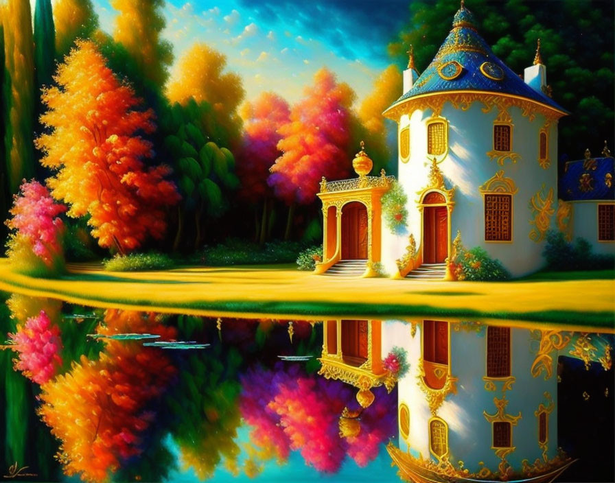 Colorful Trees and White House in Fantasy Landscape