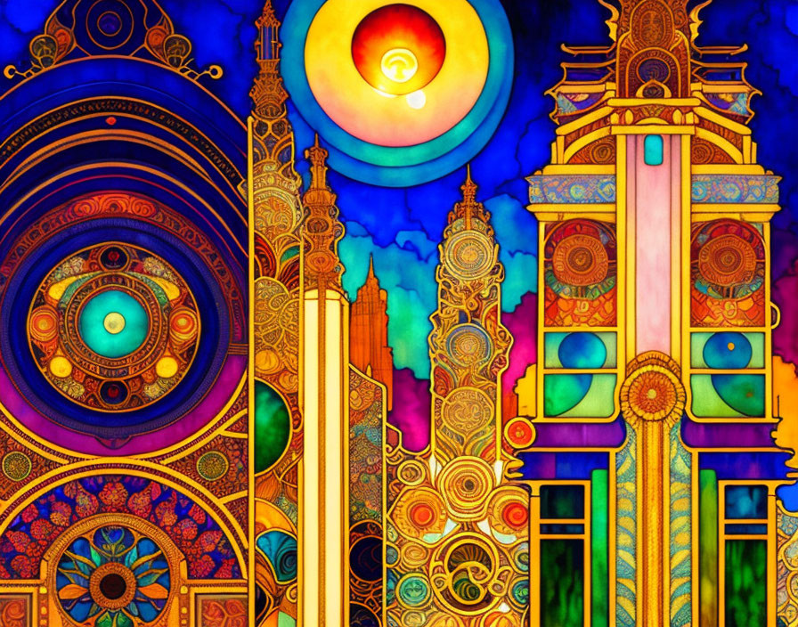 Fantastical architectural scene with vibrant colors and intricate patterns