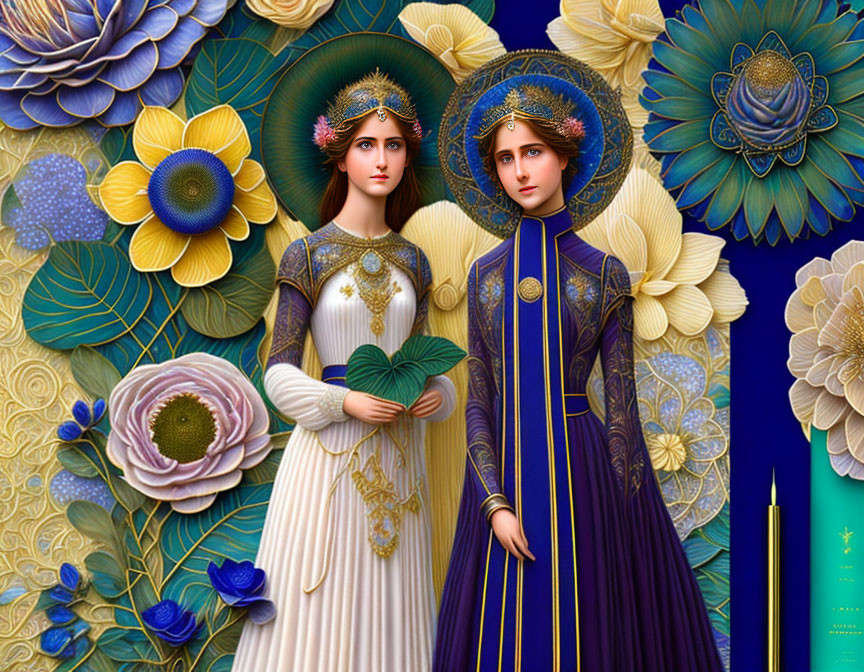 Stylized female figures in medieval attire with oversized blue flowers