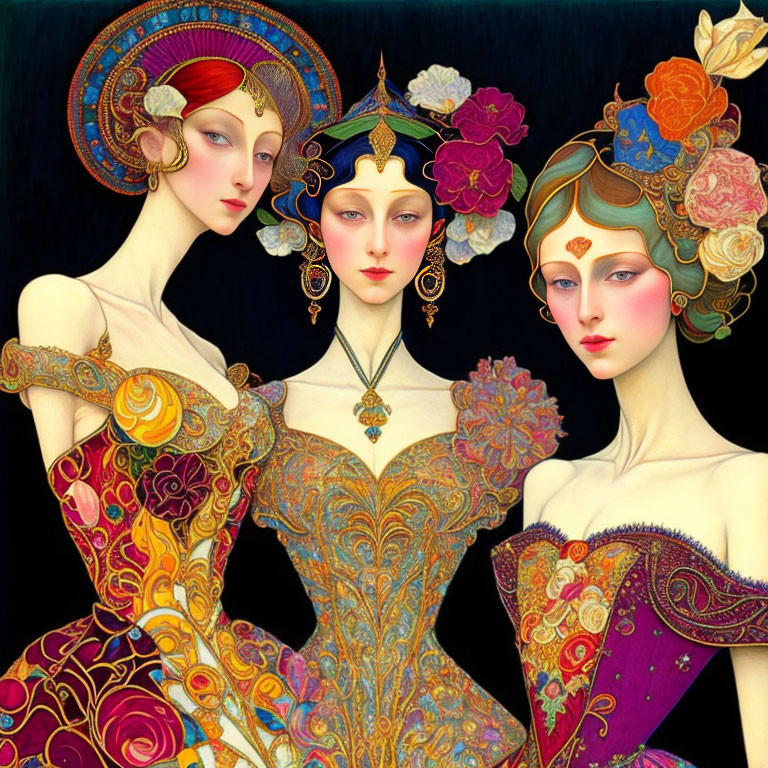 Ornate, colorful attire on stylized female figures