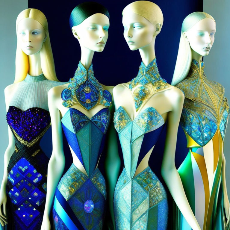 Mannequins showcasing jewel-toned evening gowns with metallic accents