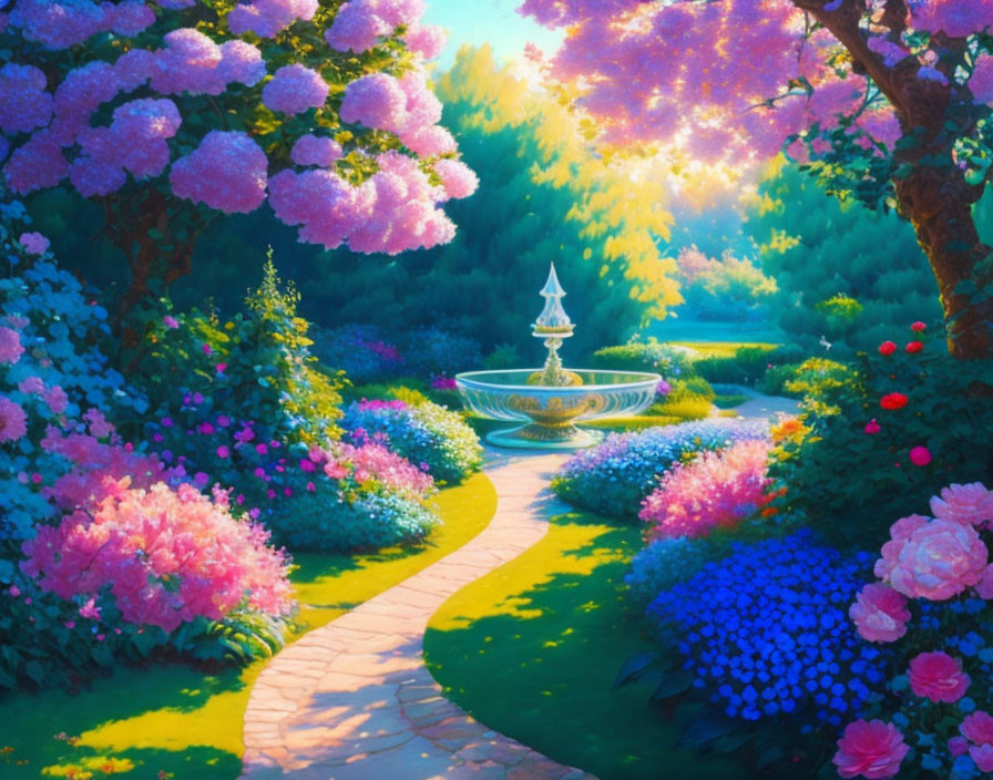 Lush garden path with flowers, fountain, and pink blossoms under sunlight