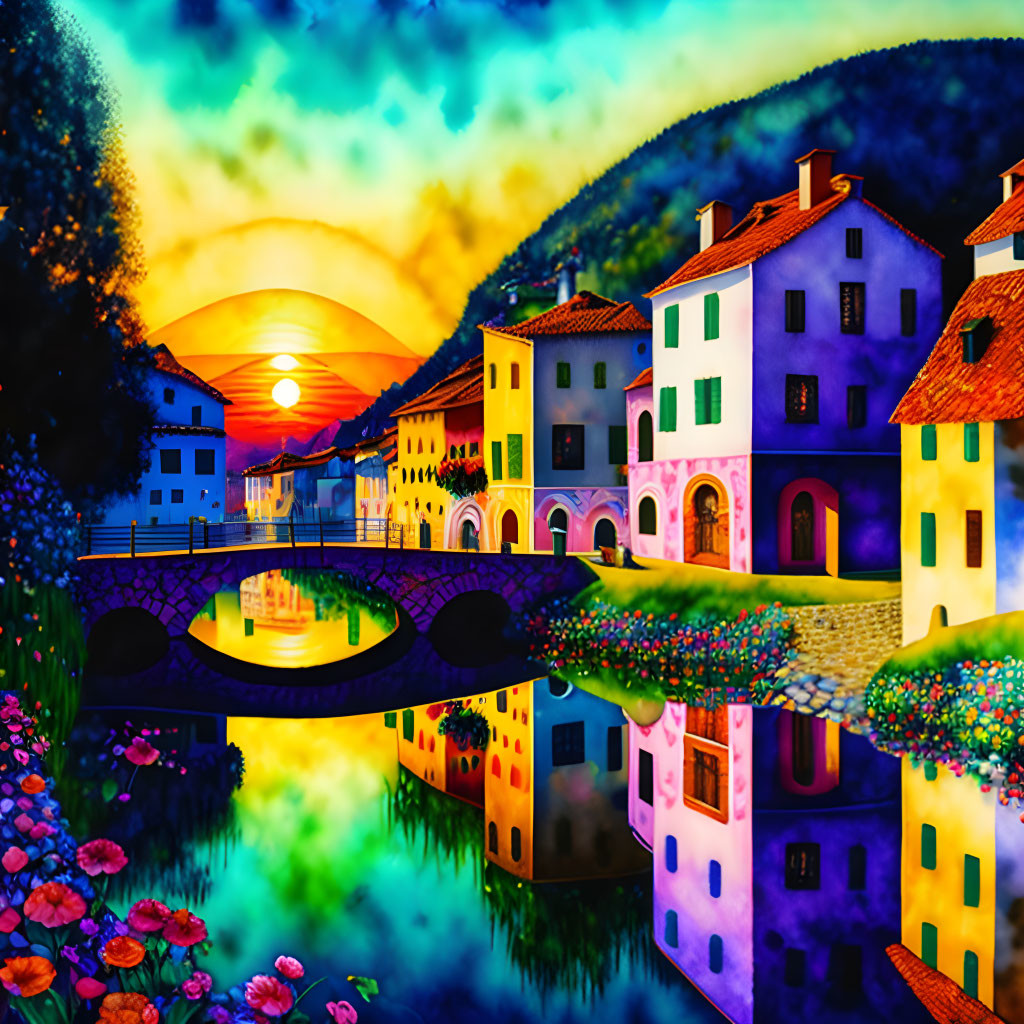 Colorful village sunset with stone bridge and river reflections