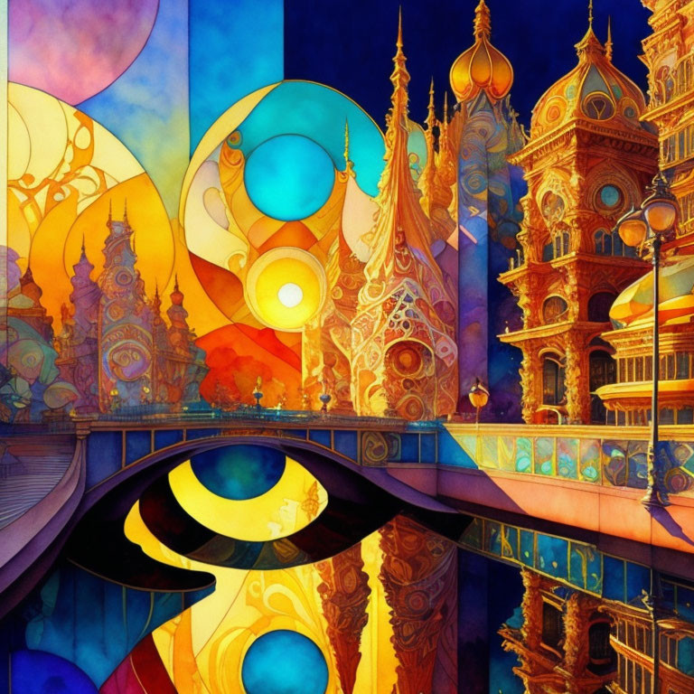 Colorful Fantasy Cityscape with Ornate Buildings and Floating Spheres