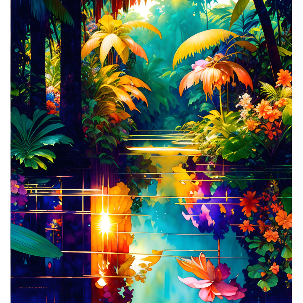 Colorful Tropical Garden Artwork with Geometric Shapes