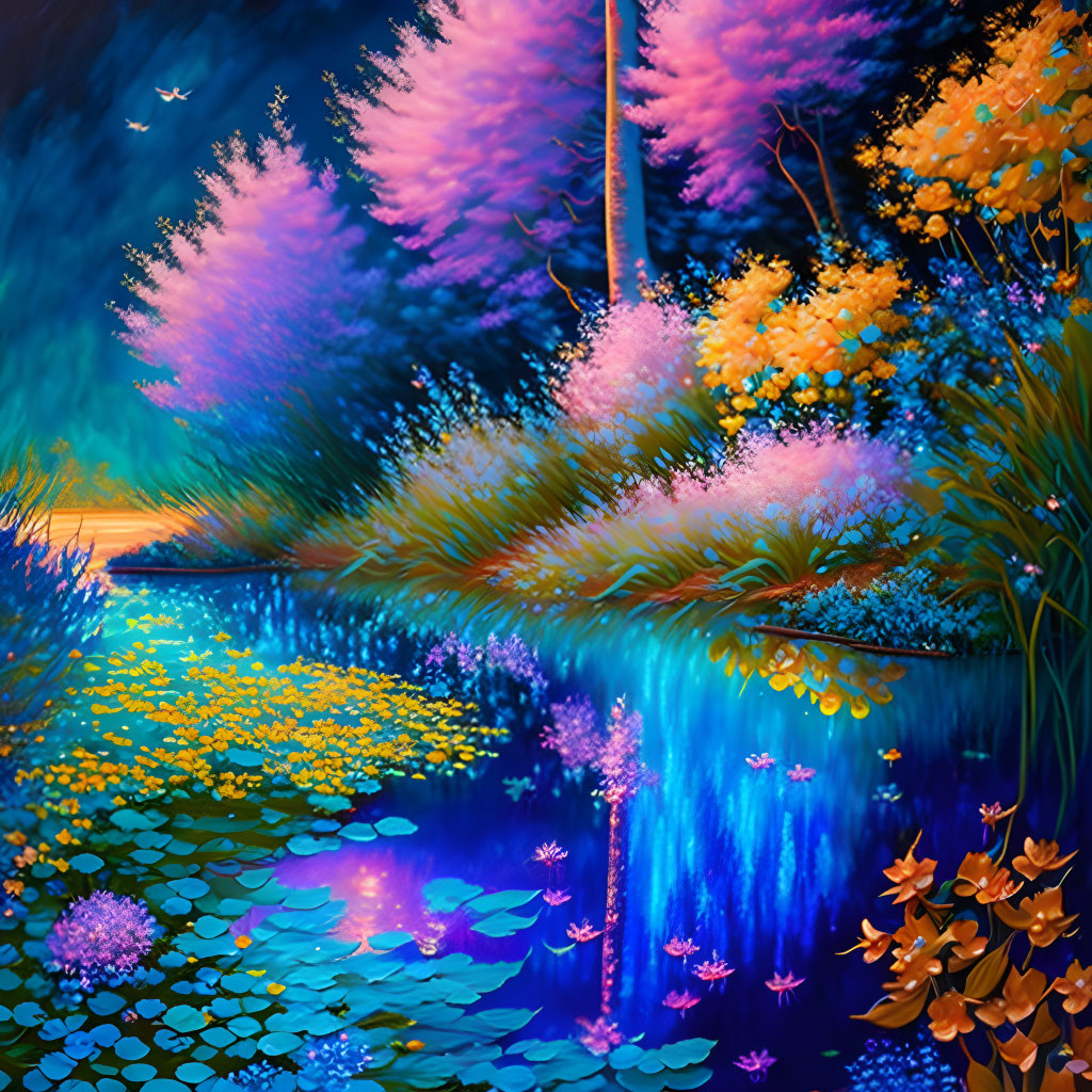 Colorful Digital Art: Whimsical Night Garden with Glowing Flowers