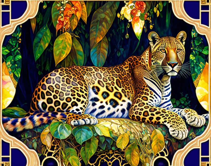 Colorful Leopard Illustration in Art Nouveau Style with Decorative Border