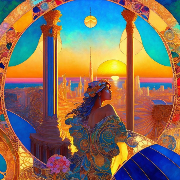 Profile of woman in ornate blue robes gazing at futuristic cityscape at sunset