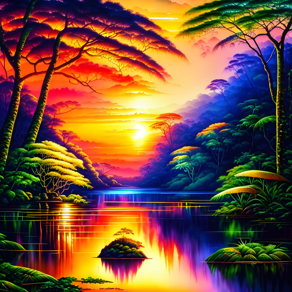 Surreal tropical landscape with radiant sunset