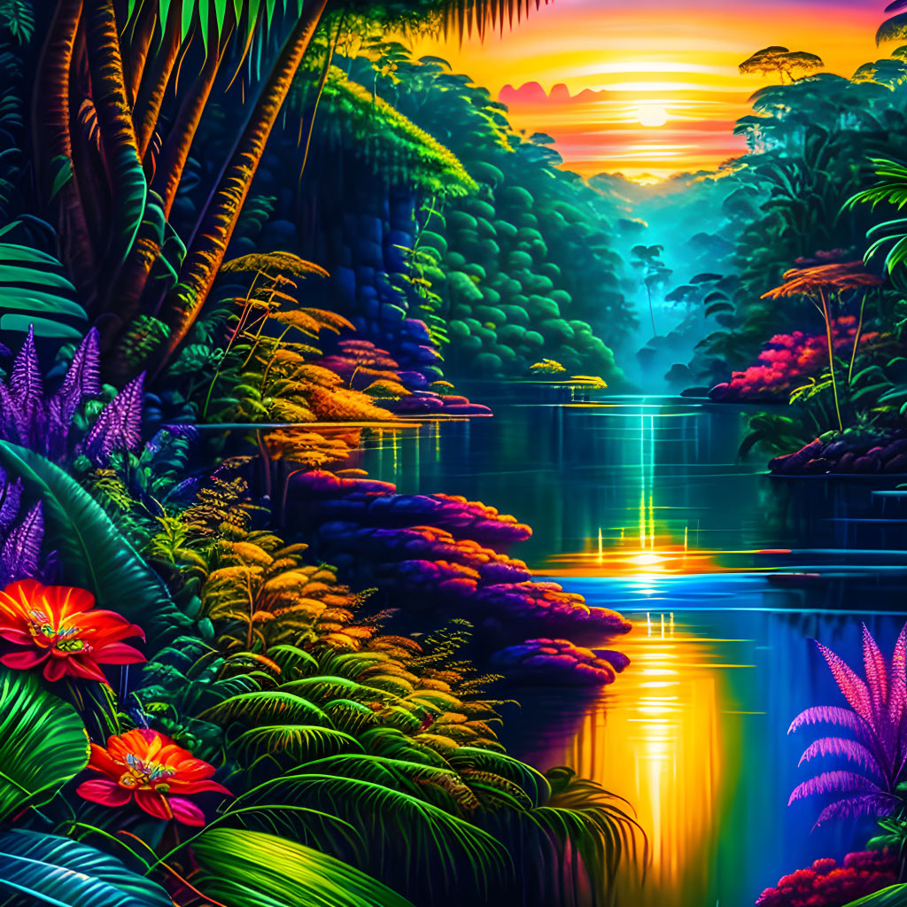 Colorful Jungle Scene with River at Sunset and Mist