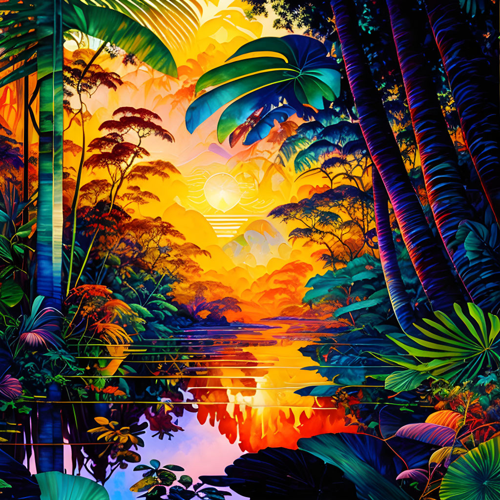 Lush Jungle with Reflective River at Sunset