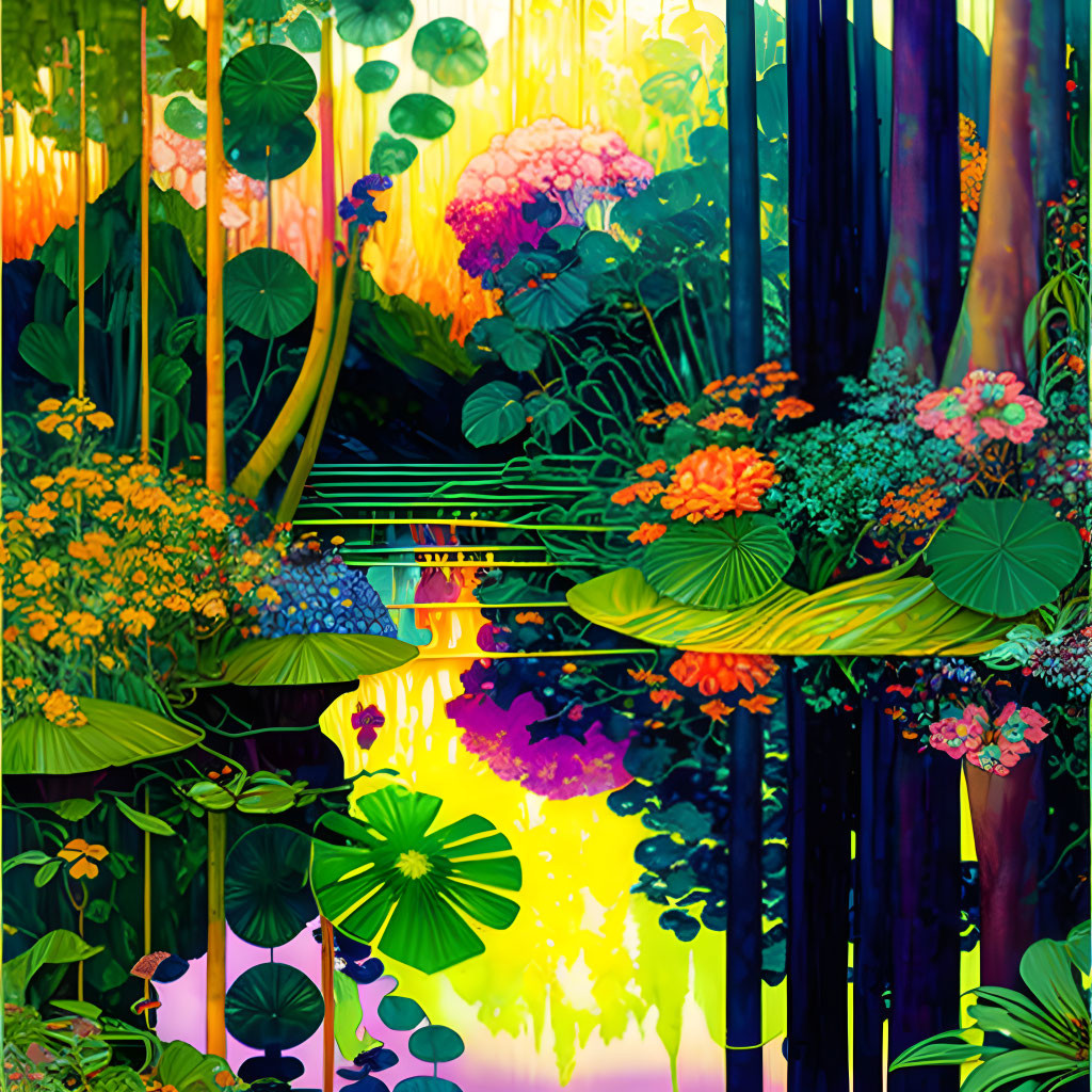 Lush forest digital art: lotus leaves, flowers, towering trees, magical light