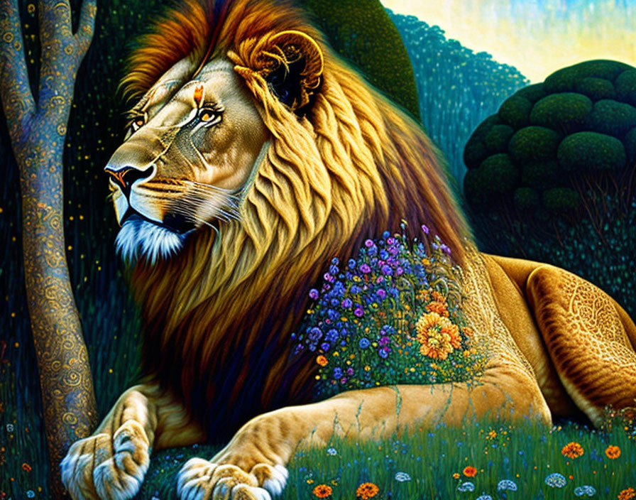 Majestic lion painting in flowery landscape with starry sky