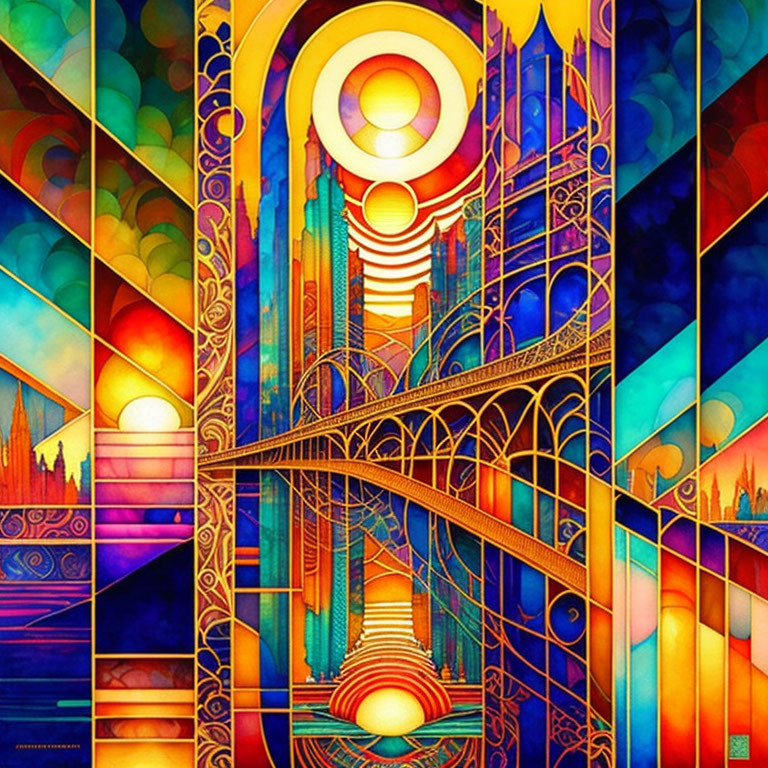 Colorful Abstract Art: Fantastical Architecture with Staircases, Arches, and Radiating