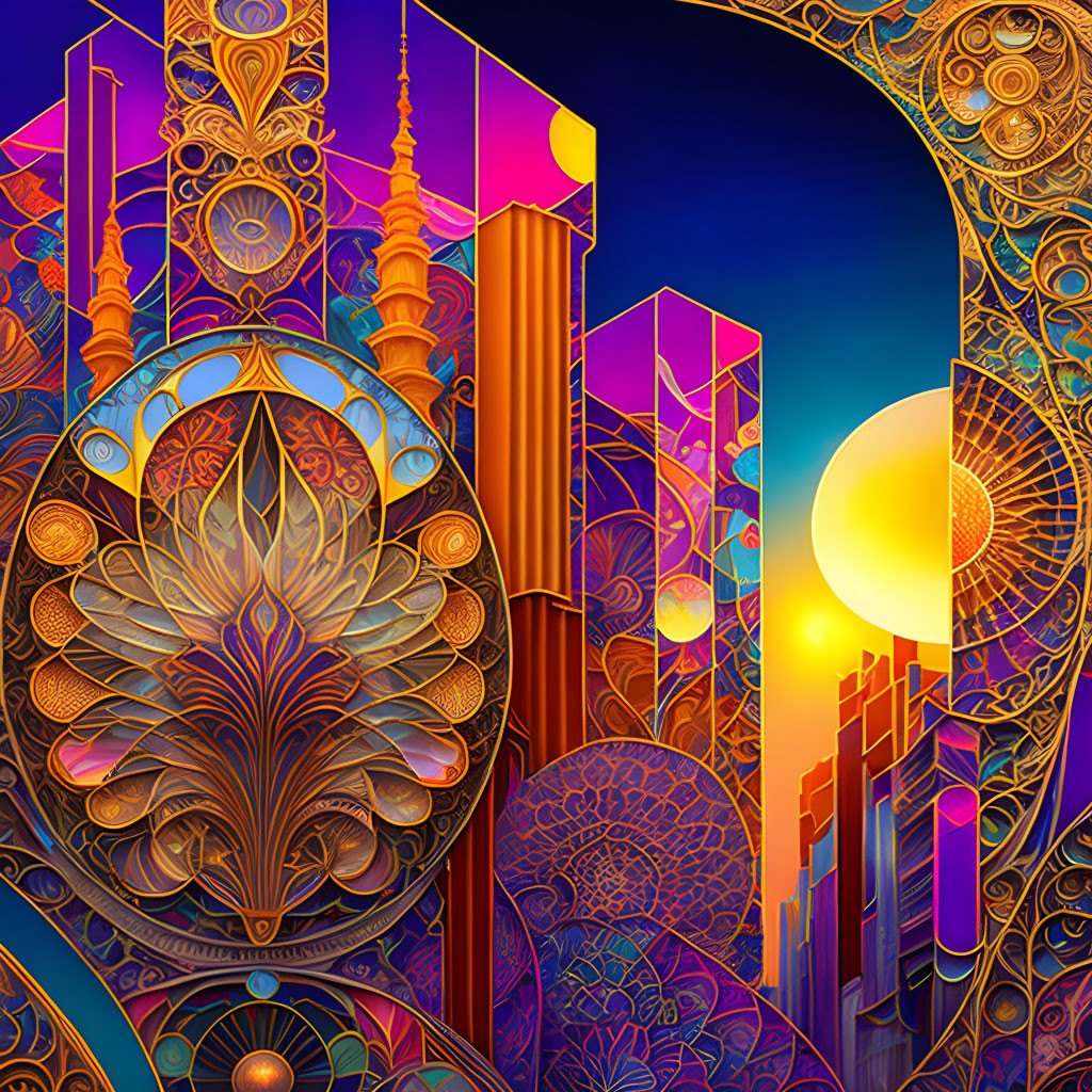 Digital artwork: Ornate patterns, futuristic architecture, dual-tone sky in mystical cityscape