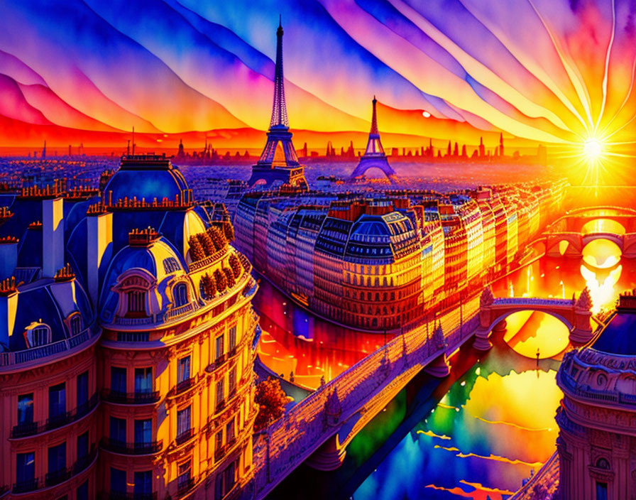 Colorful Paris skyline with Eiffel Tower at sunset.