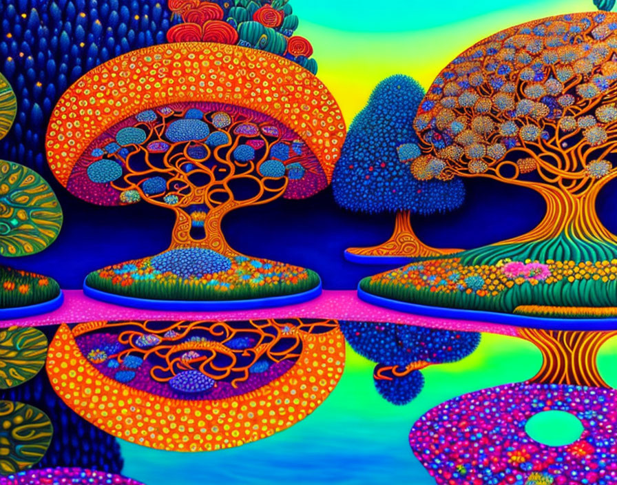 Colorful Psychedelic Landscape with Patterned Trees and Reflective River