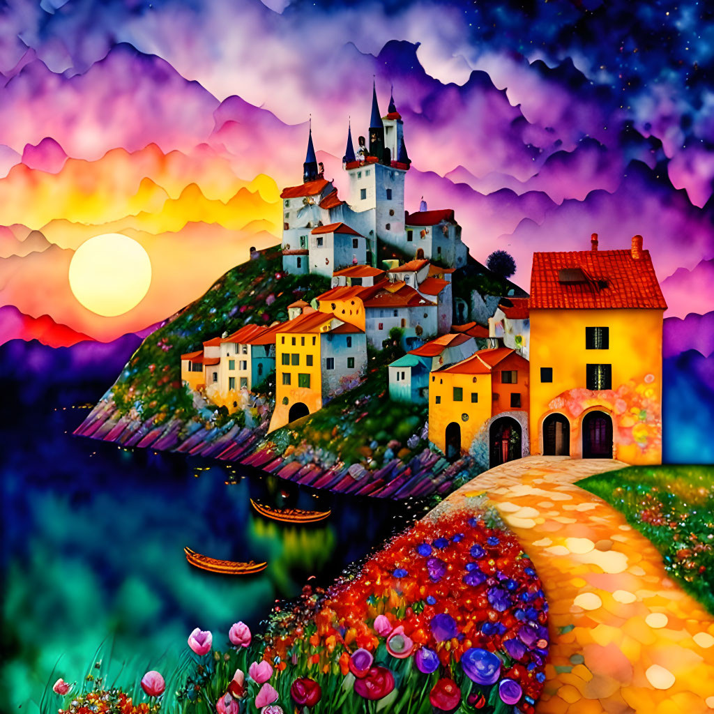 Vibrant village painting with castle on hill & sunset backdrop