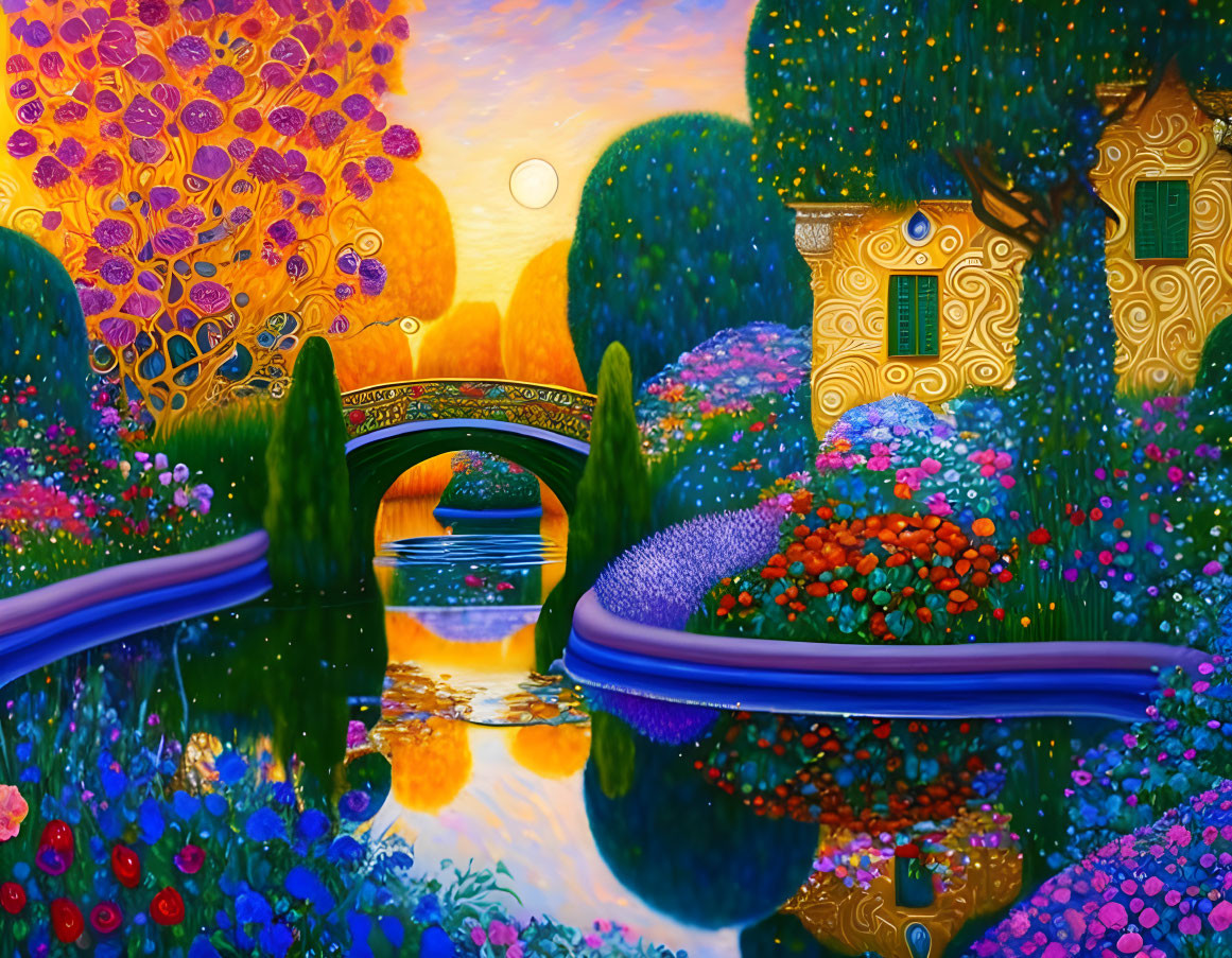 Colorful Flora and Whimsical Trees in Sunset Landscape