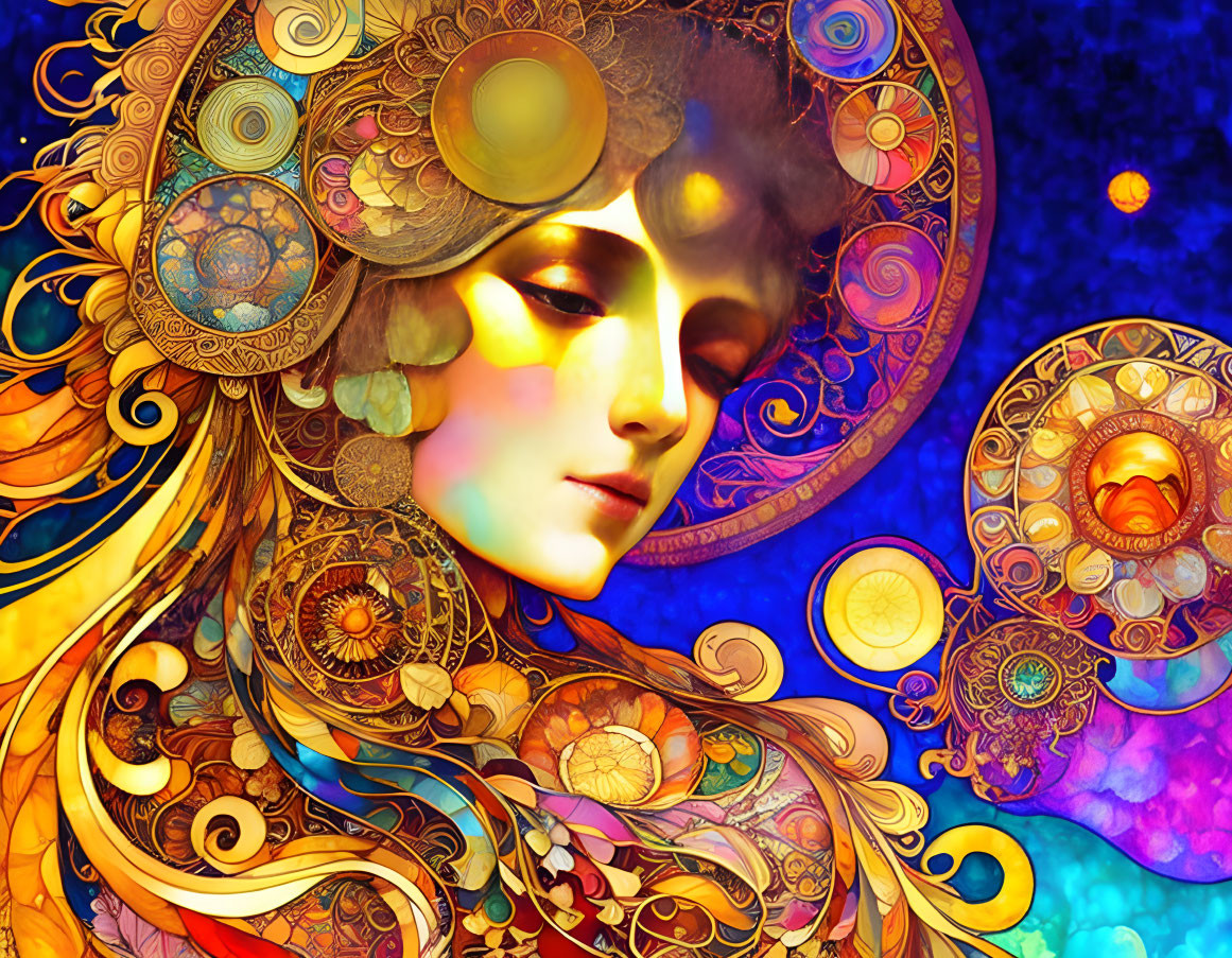 Colorful digital artwork: female figure with ornate patterns