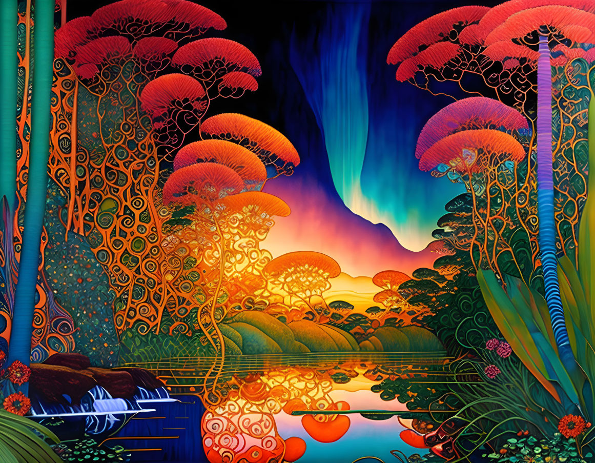 Fantastical landscape with luminescent trees and waterfall at twilight