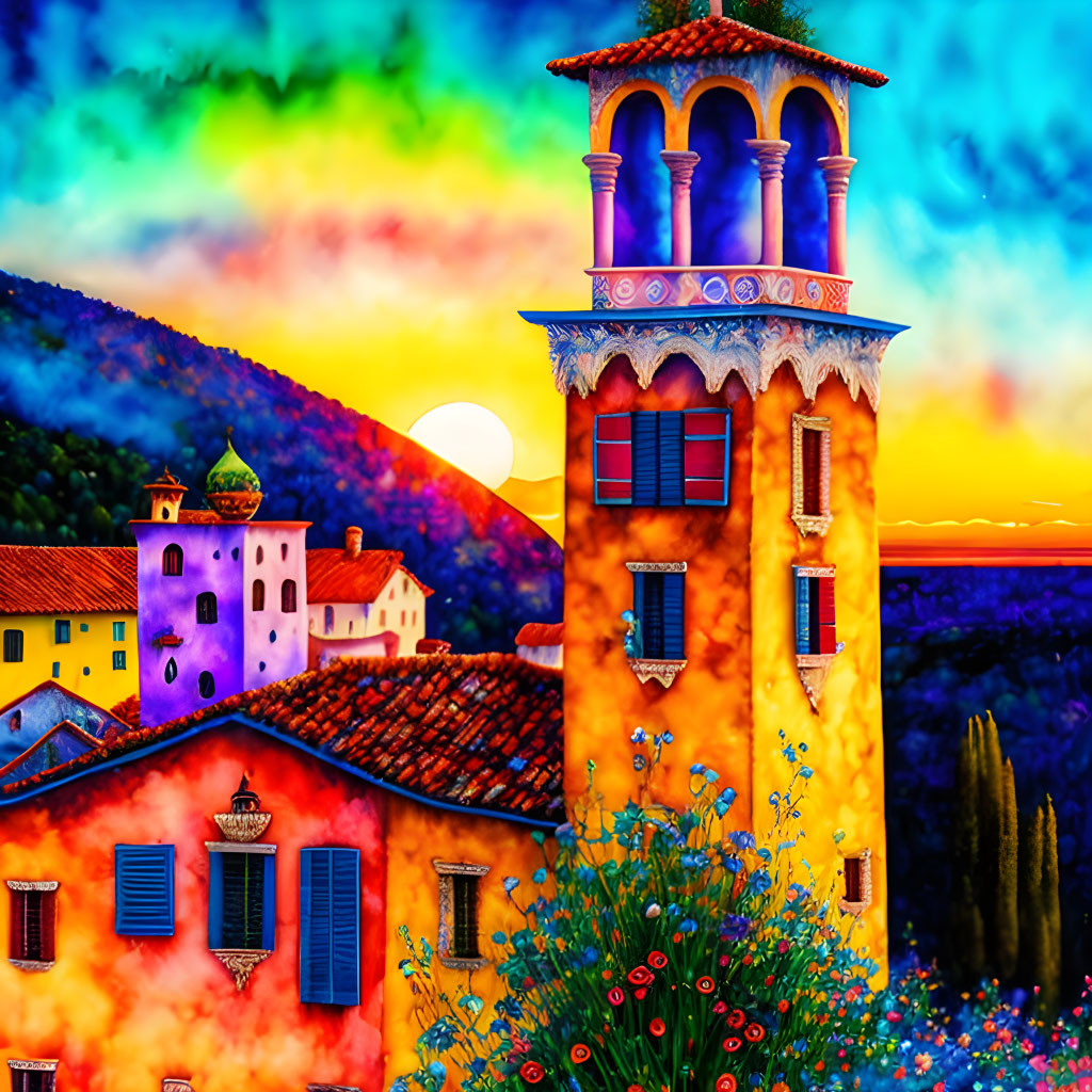 Colorful artwork: Whimsical Italian-style village with distinctive tower under vibrant sunset sky