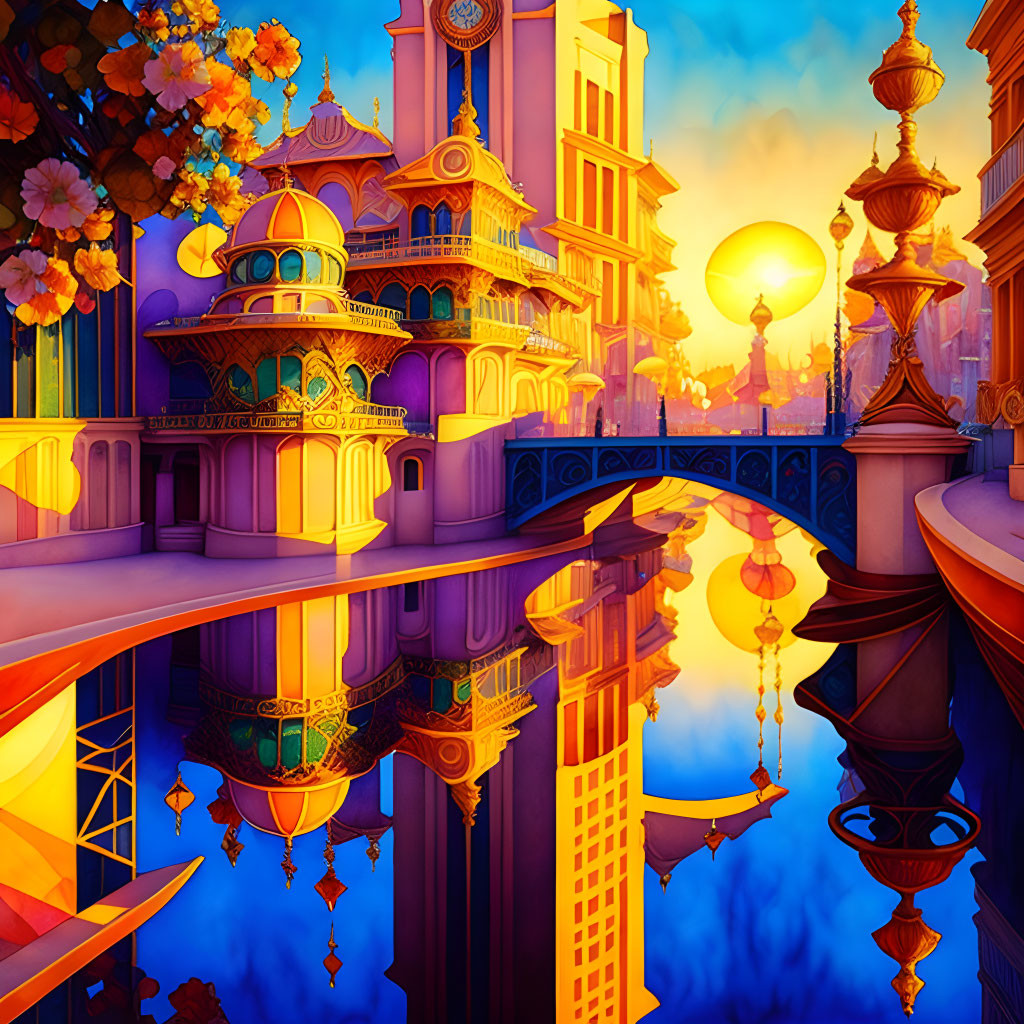 Luminous fantasy cityscape at sunset with clock tower and water canal